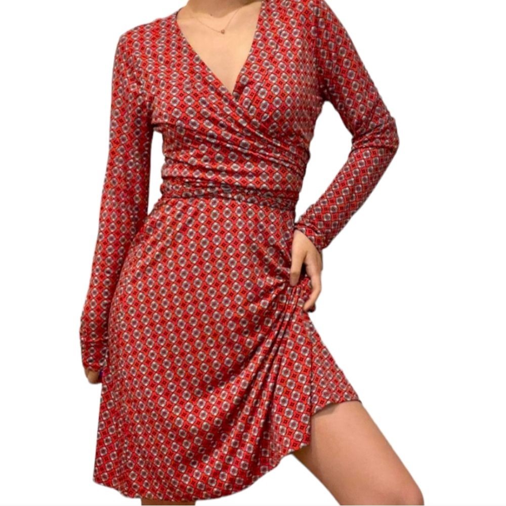 Banana Republic Wrap Dress Red Pattern Womens Small Stretch Work Dress